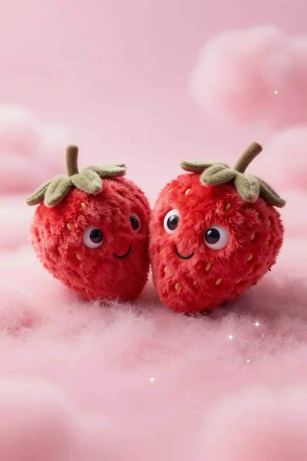 Cute strawberry plush toys on dreamy pastel pink background