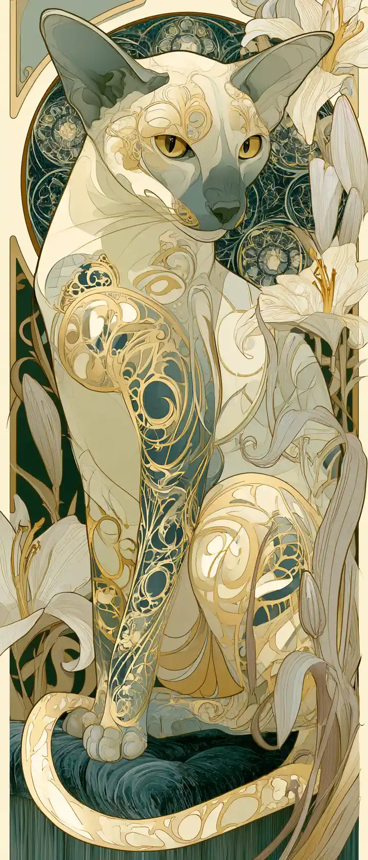 Siamese cat on velvet cushion in ornate art nouveau scene