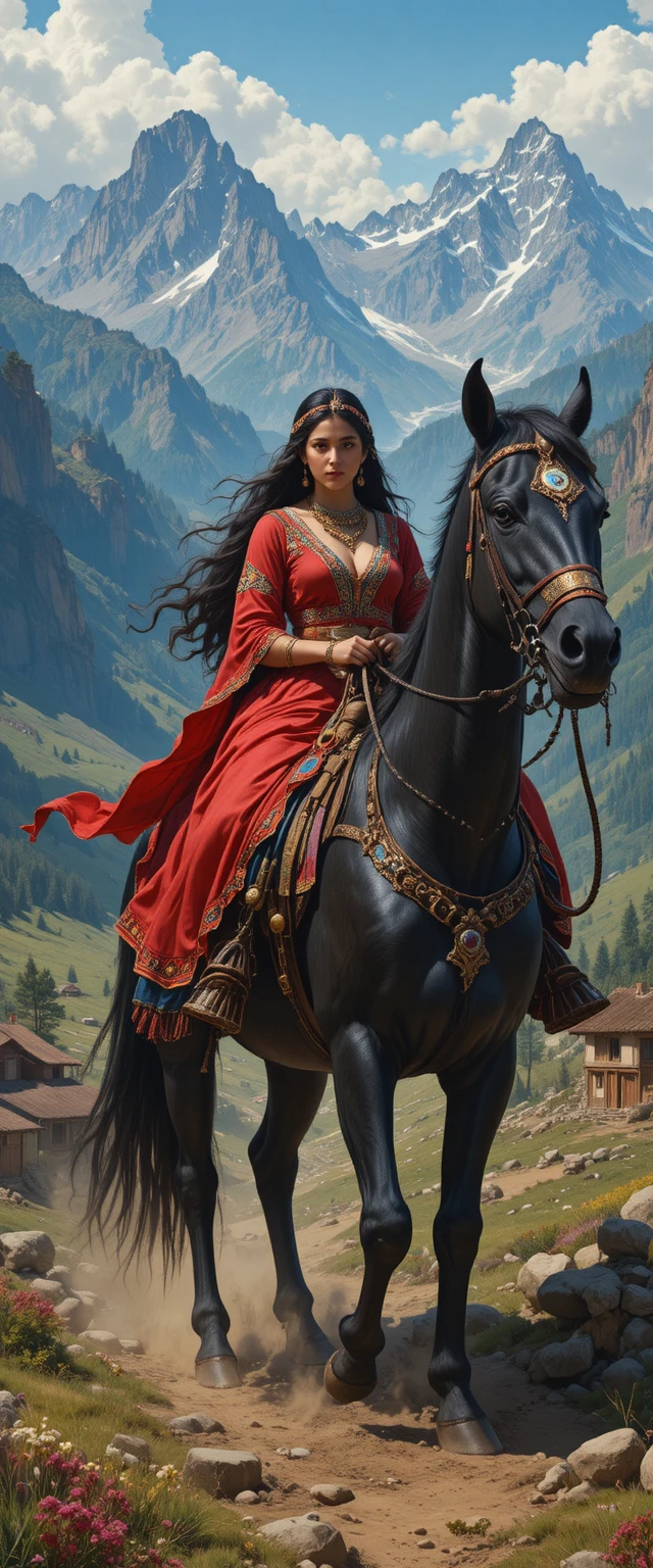 Mujer italiana de rojo montando un caballo negro entre montañas
