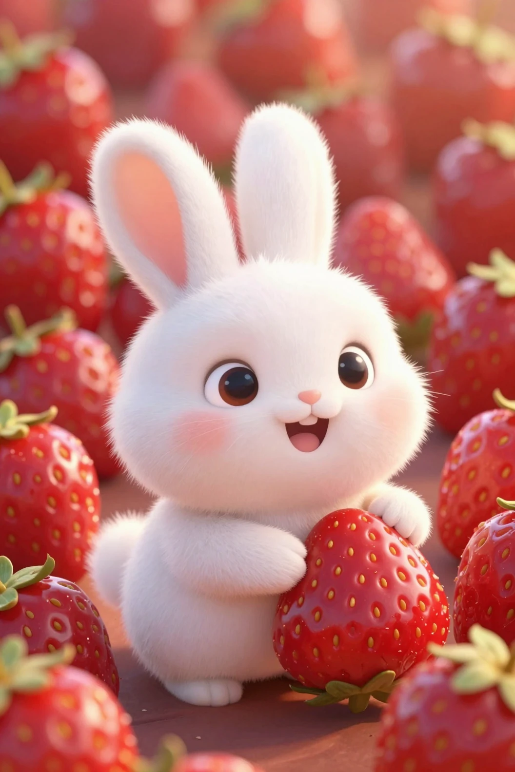 Conejito blanco adorable con fresas a la cálida luz dorada
