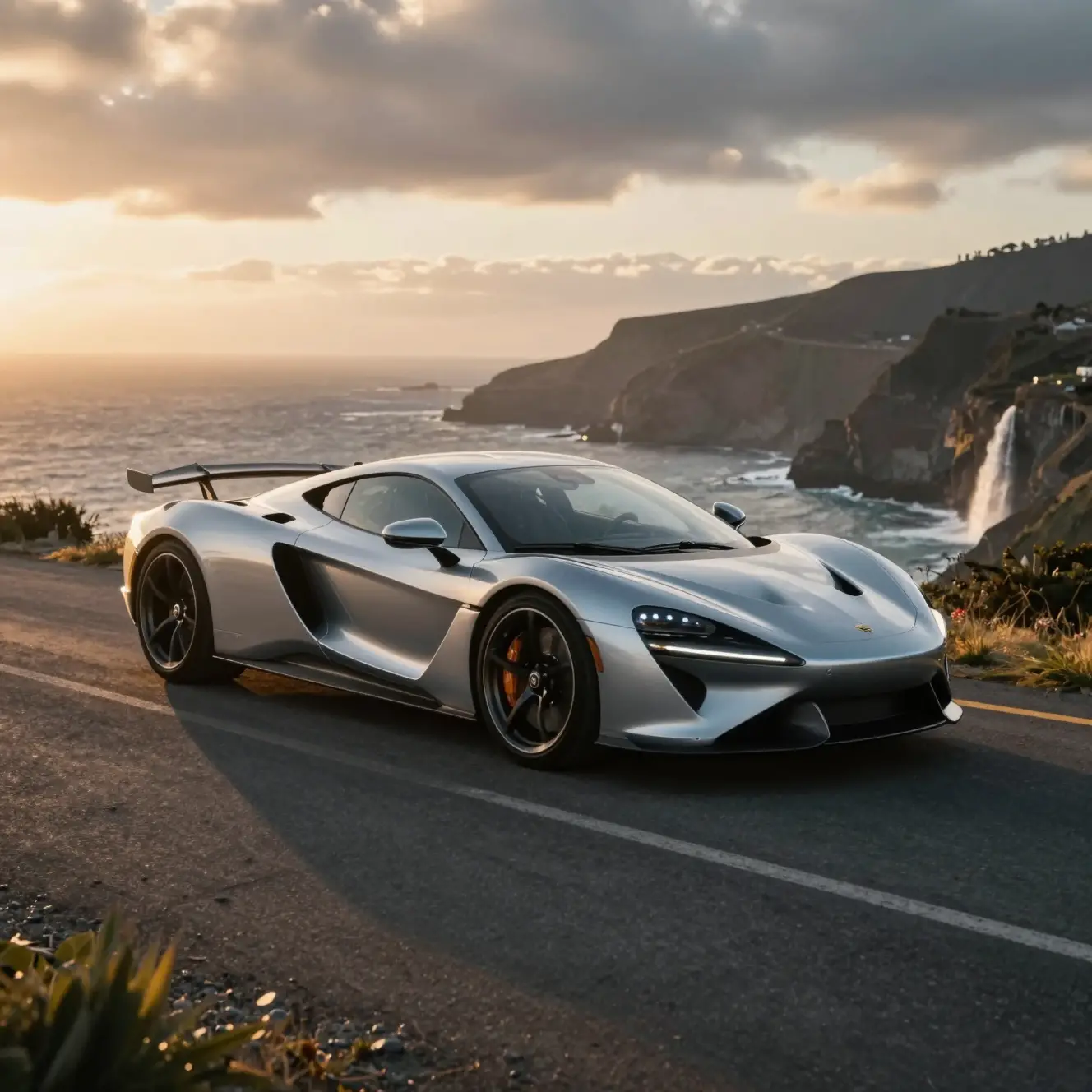 Hypercar plateado en carretera costera de acantilado al atardecer