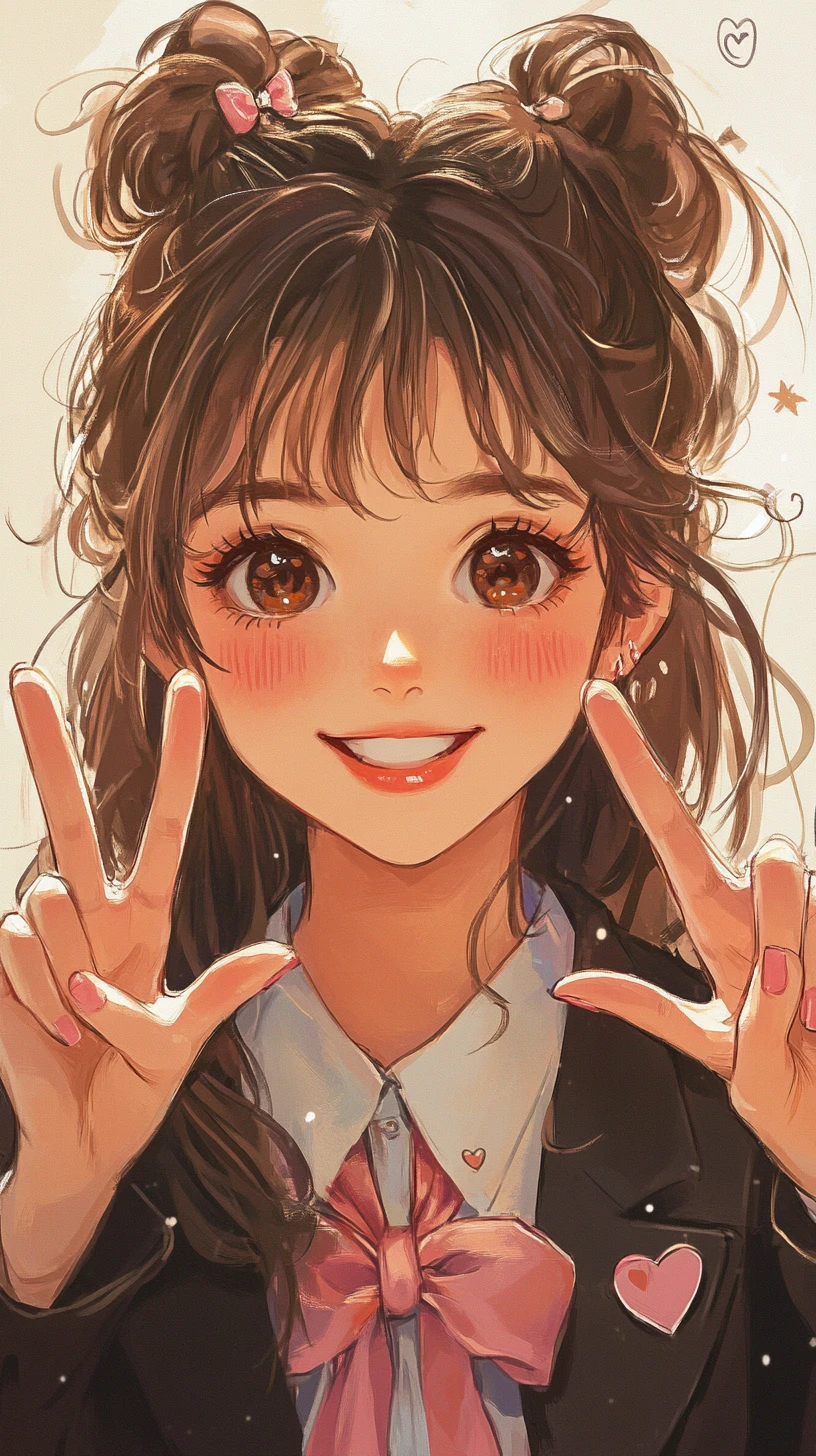 Chica de anime sonriente con doble signo de paz y cálido fondo de garabatos