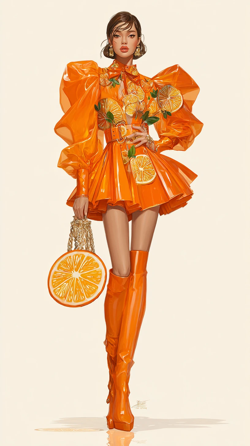 Ilustración de moda couture de una mujer con vestido naranja