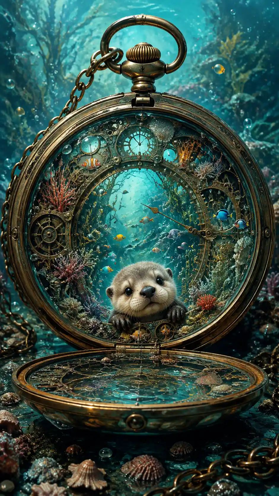 Pequeña nutria marina dentro de un reloj de bolsillo steampunk bajo el agua
