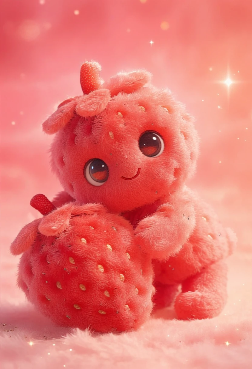 Cute strawberry plush toy with big curious eyes on pink