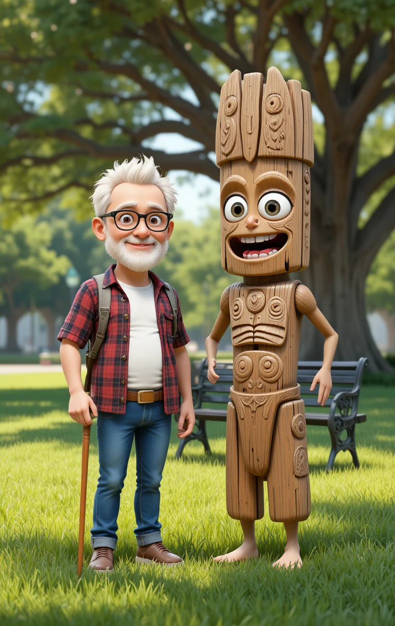 Abuelo y Tótem de Madera en Escena Soleada de Parque 3D