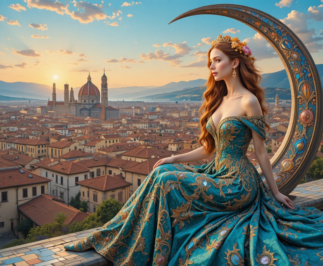 Elegante mujer pelirroja en vestido verde azulado sobre atardecer de ciudad en mosaico