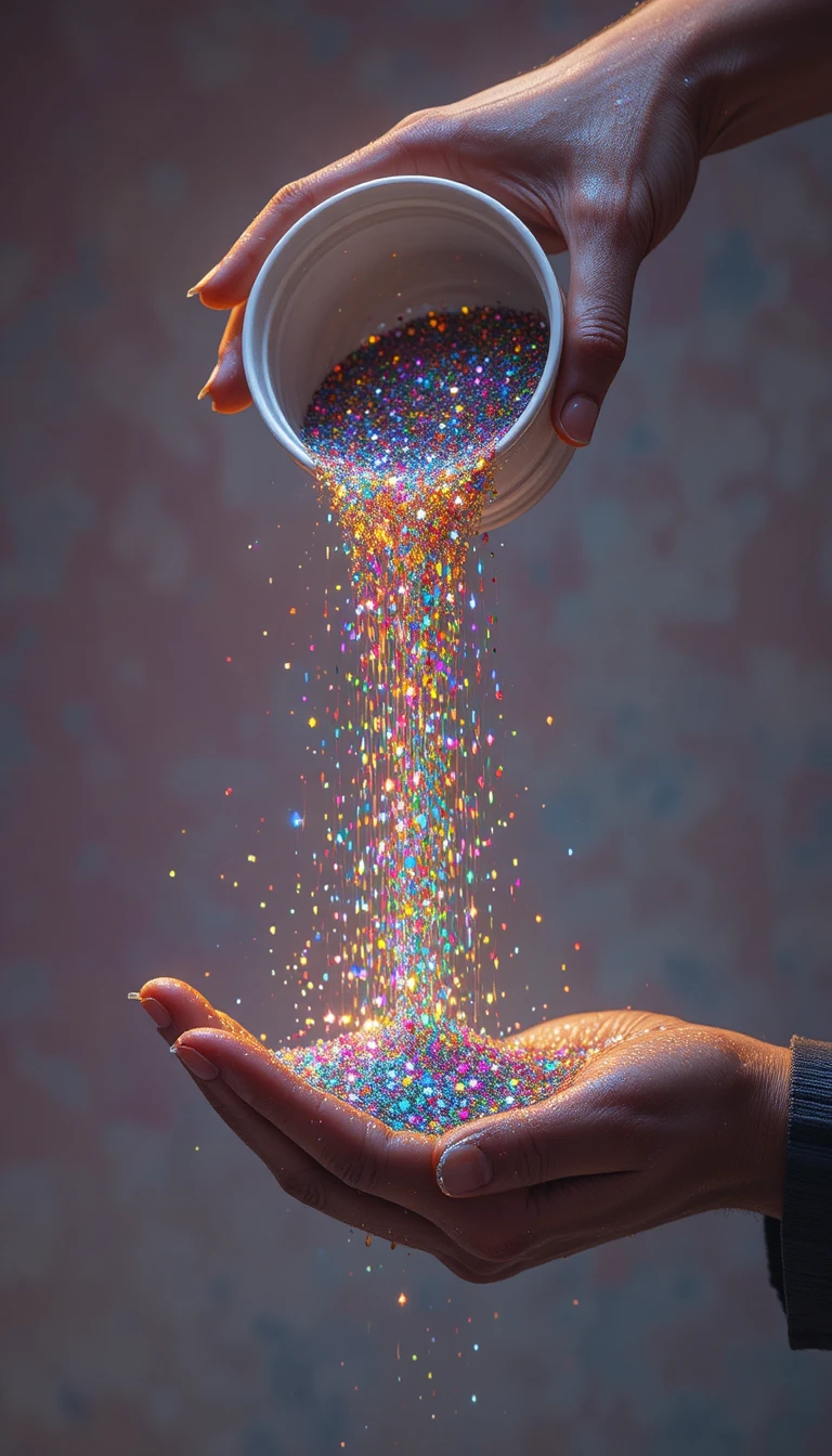 Close up of glitter pouring between cupped human hands