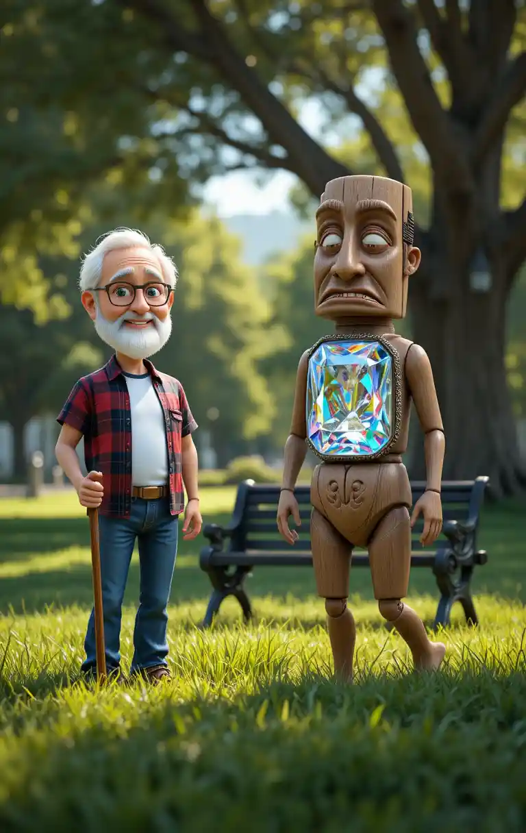 Abuelo y tótem de madera en un parque soleado