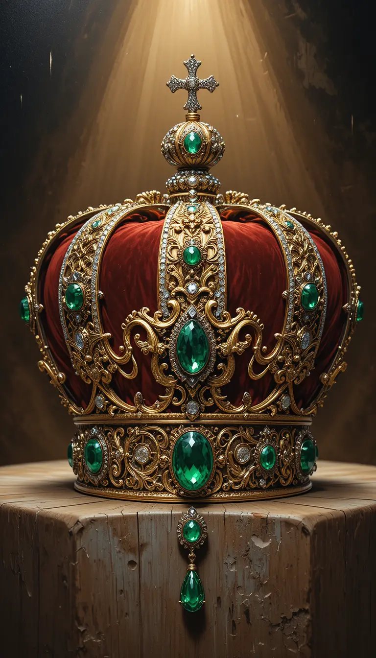Corona de oro ornamentada con diamantes y esmeraldas bajo el foco de luz