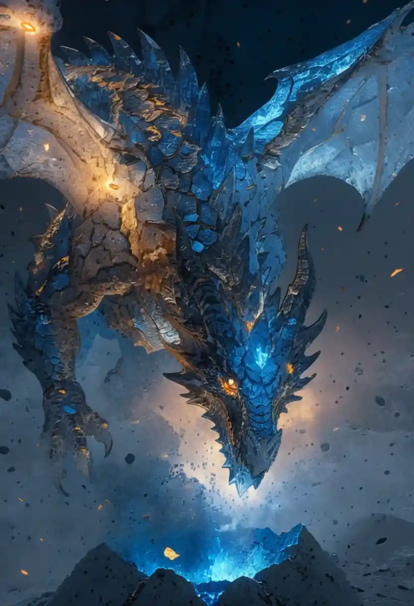 Ursprünglicher Eisdrachen erhebt sich aus feurigem Vulkankrater