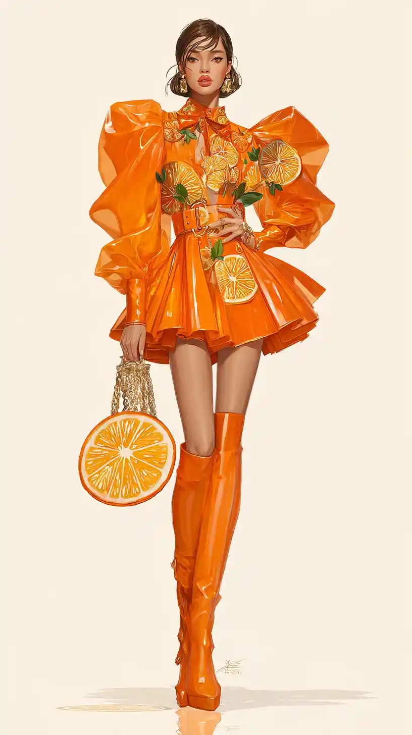 Ilustración de moda couture de una mujer con vestido naranja