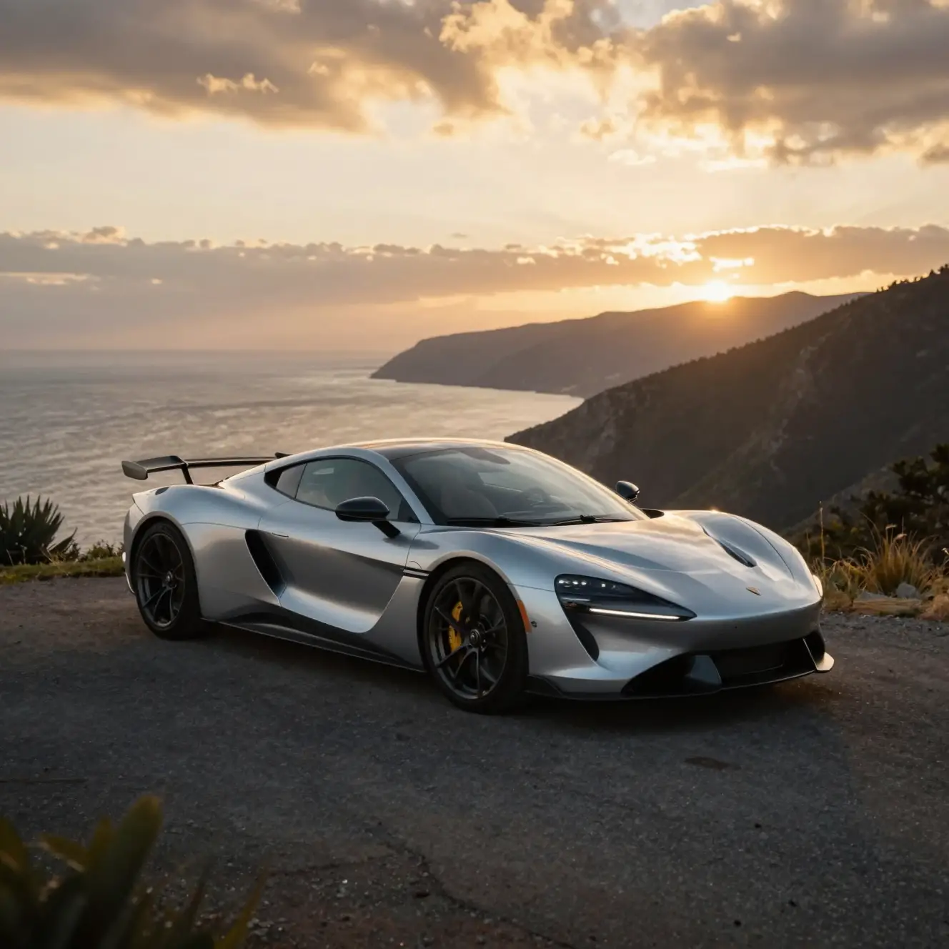 Hypercar plateado en carretera junto al acantilado al atardecer
