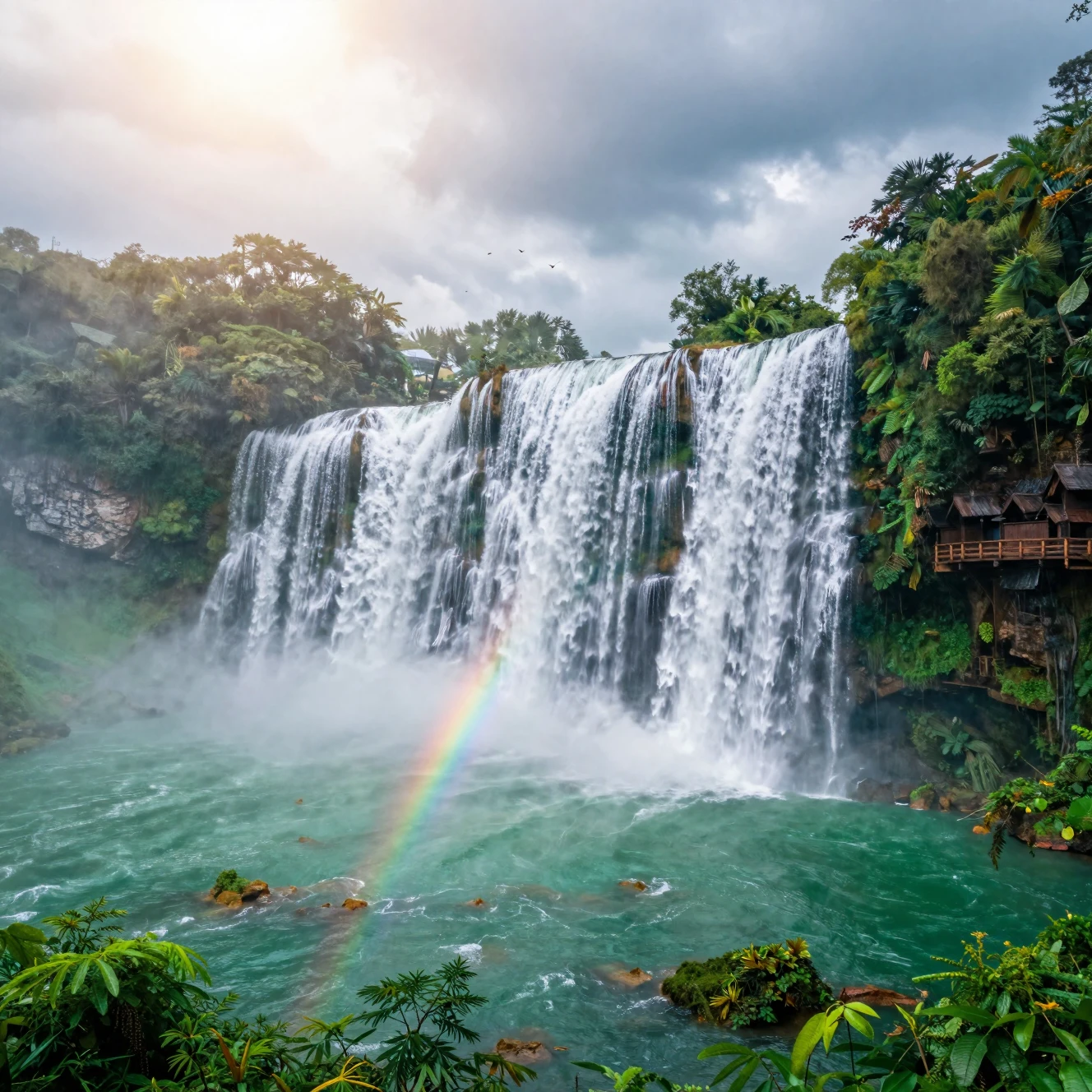 Enorme cascada selvática cayendo en una poza turquesa