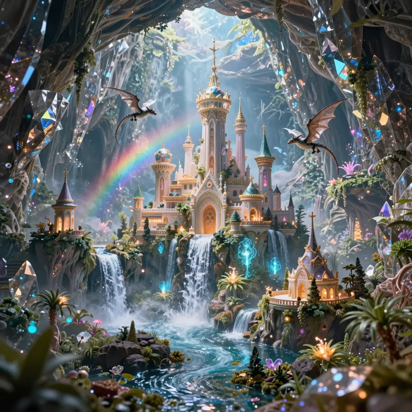 Reino de fantasía microscópico dentro de un cristal gigante