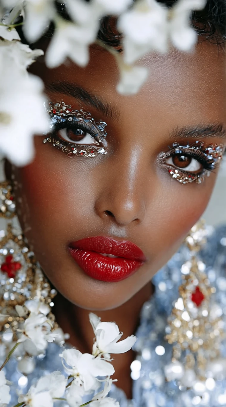 Primerísimo plano de ojos marrones con maquillaje de strass