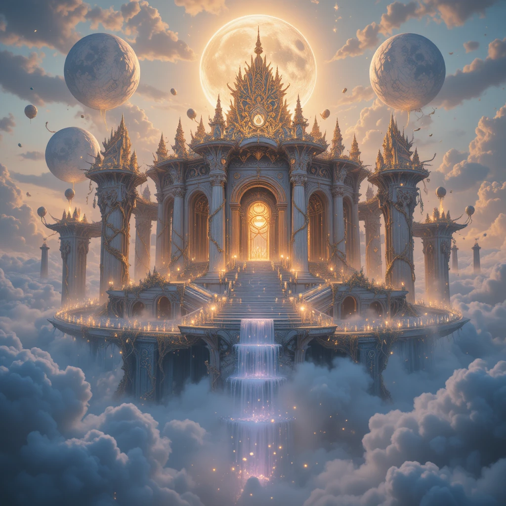 Templo celestial flotando sobre un infinito mar de nubes al amanecer