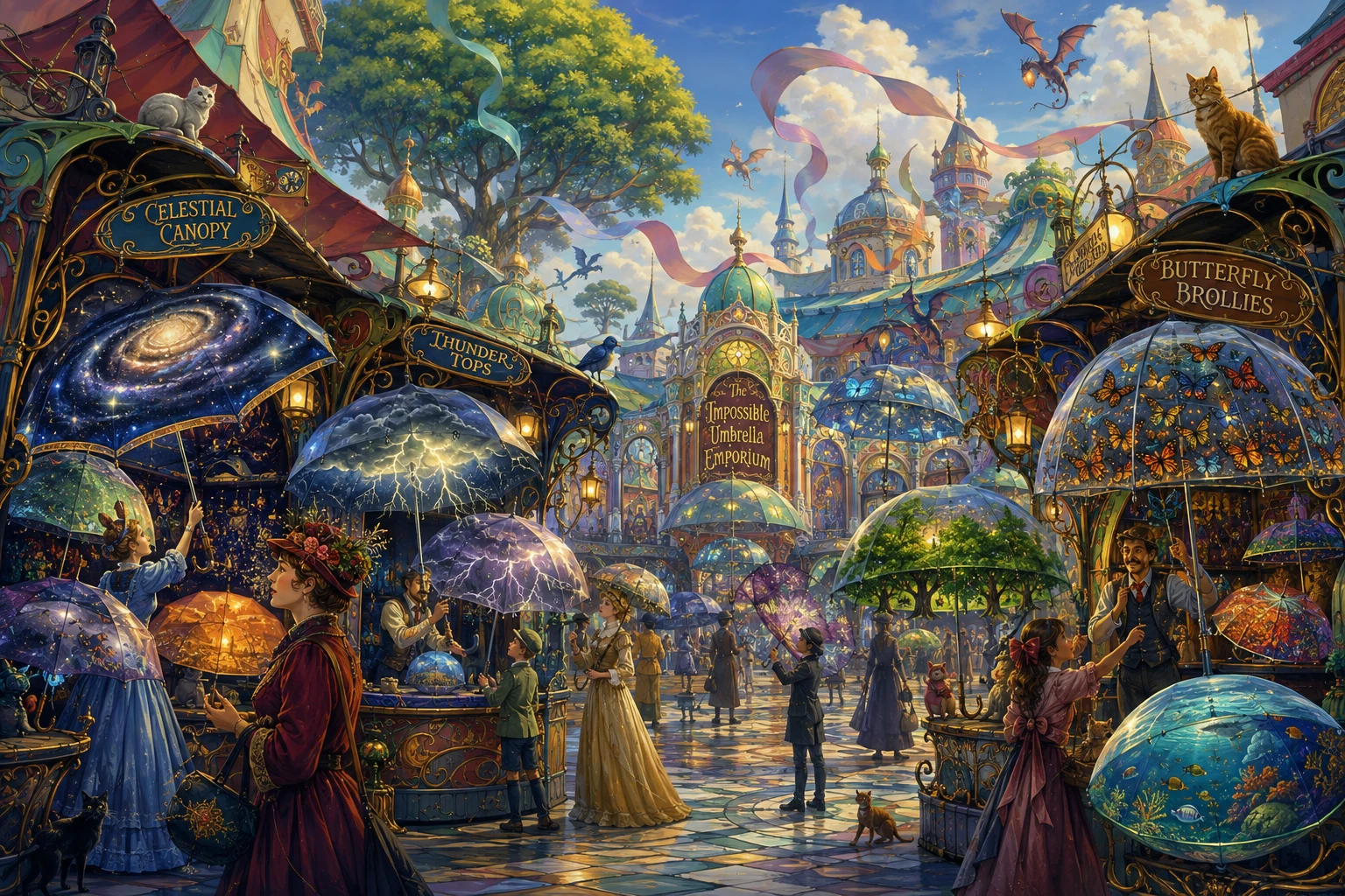 Surrealer Open-Air-Markt voller magischer Regenschirmläden