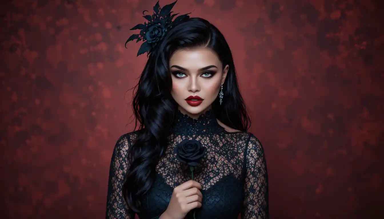 Gothic-Frau mit schwarzer Rose im Dark-Fantasy-Porträt