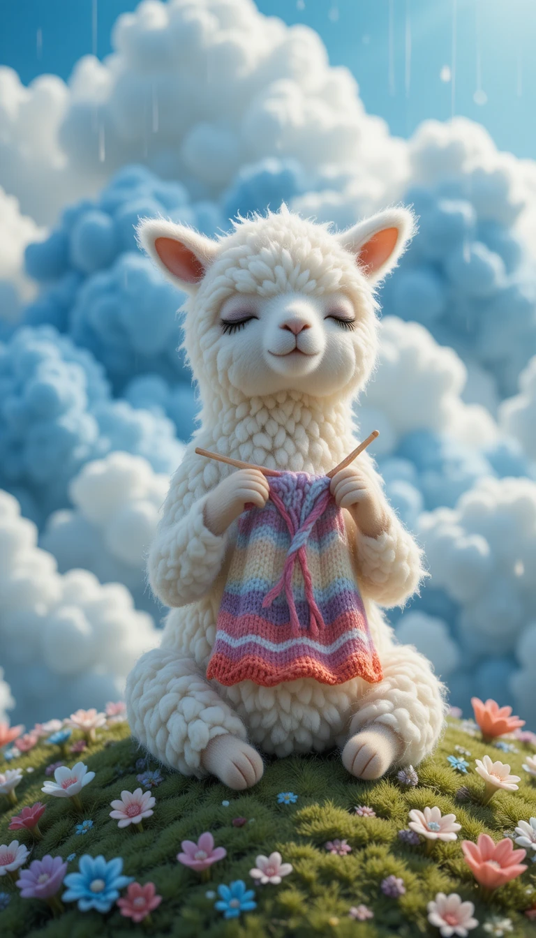 Pequeña llama pacífica tejiendo en una nube de lana de ensueño