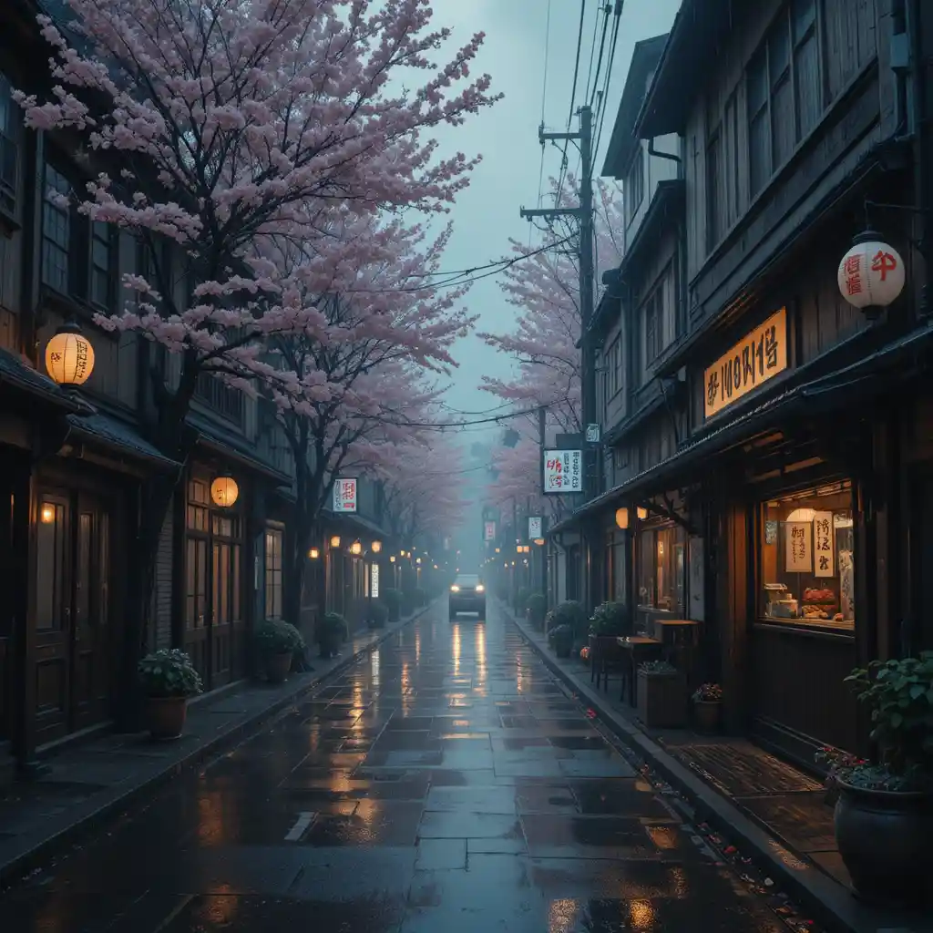 Calle japonesa tranquila con faroles tras la lluvia nocturna
