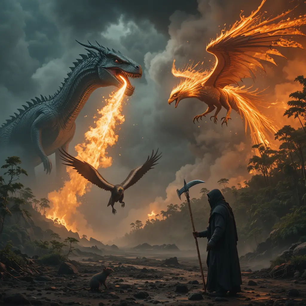 Dragón lanzando fuego sobre un cielo dividido de jungla volcánica