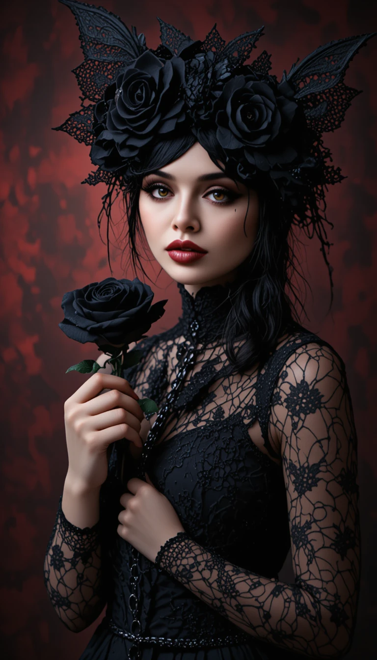 Gothic girl with black rose against deep red background