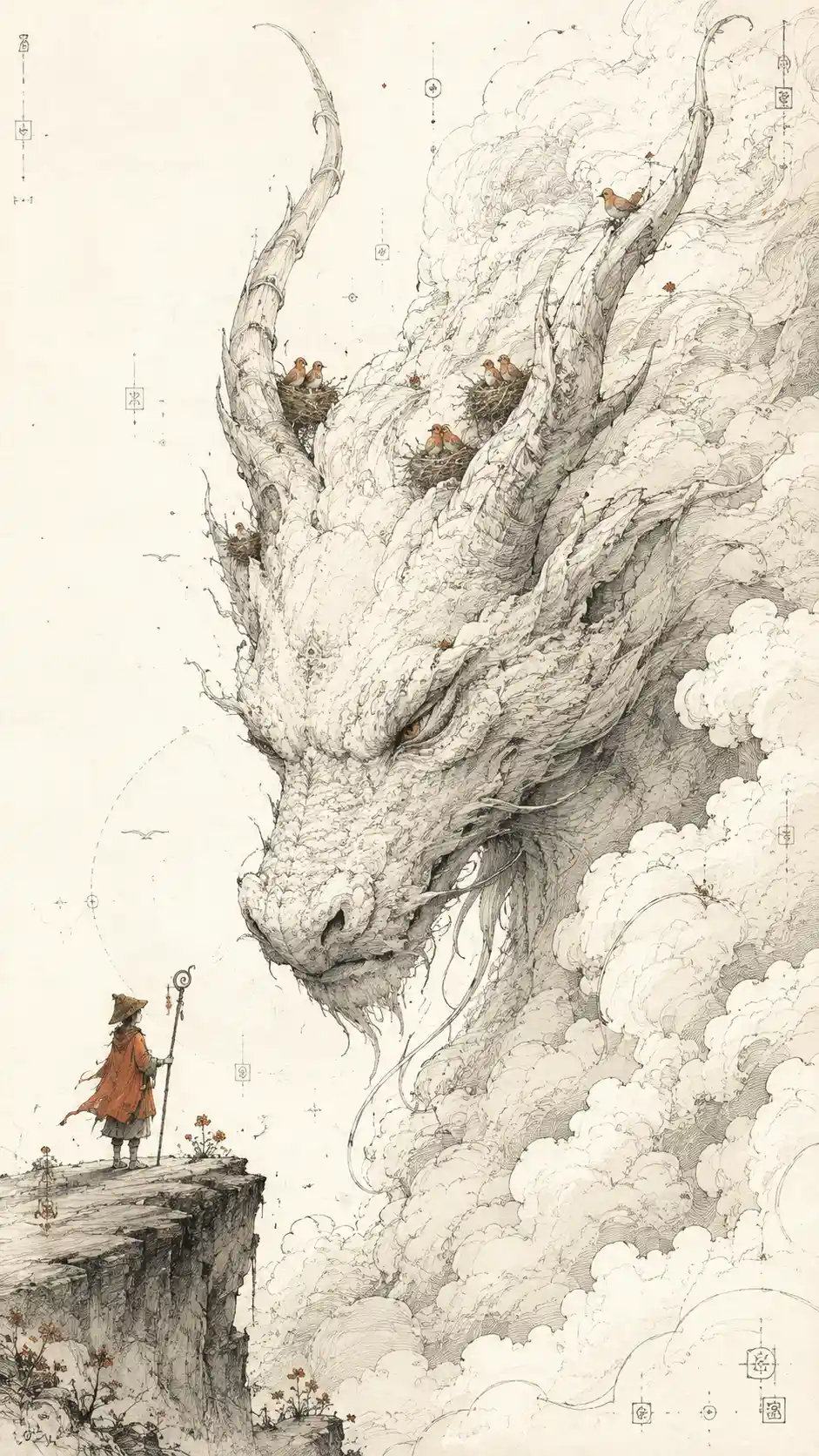 Pequeños pájaros anidando en los cuernos de un dragón de nubes