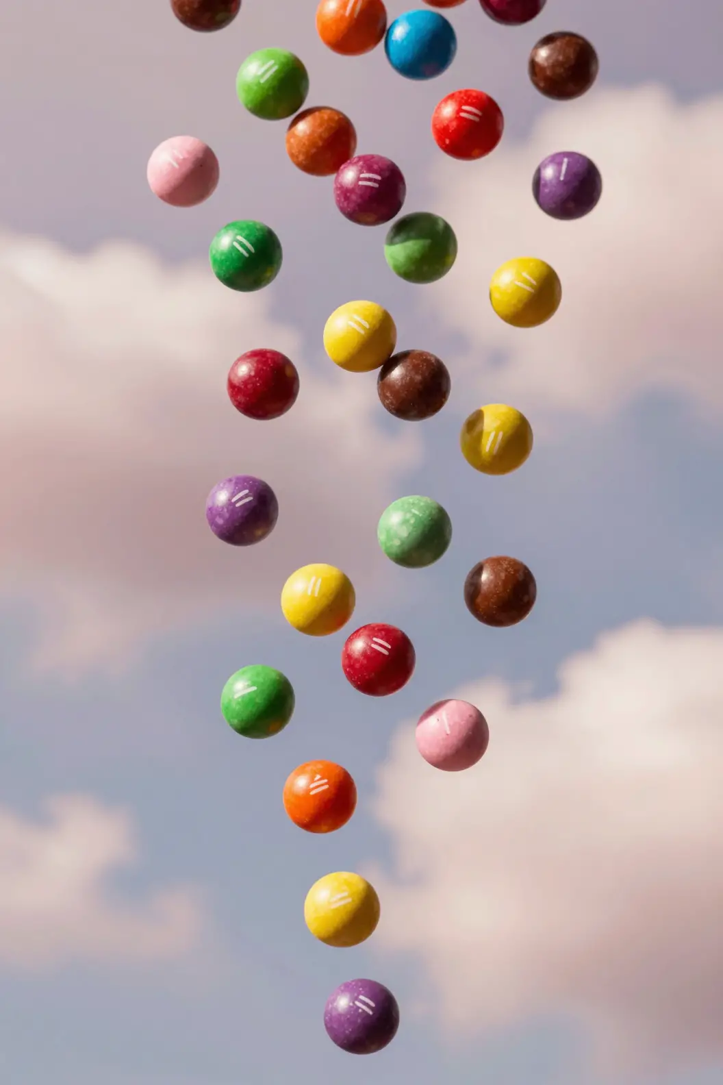 Caramelos de colores flotando frente a un fondo de nubes pastel texturizado