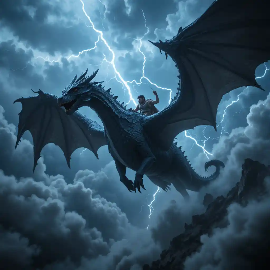 Guerrero Montando un Dragón Negro entre Nubes de Tormenta