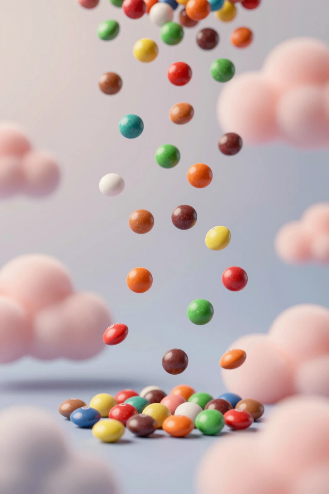 Caramelos Skittles de colores lloviendo sobre un fondo de nubes pastel