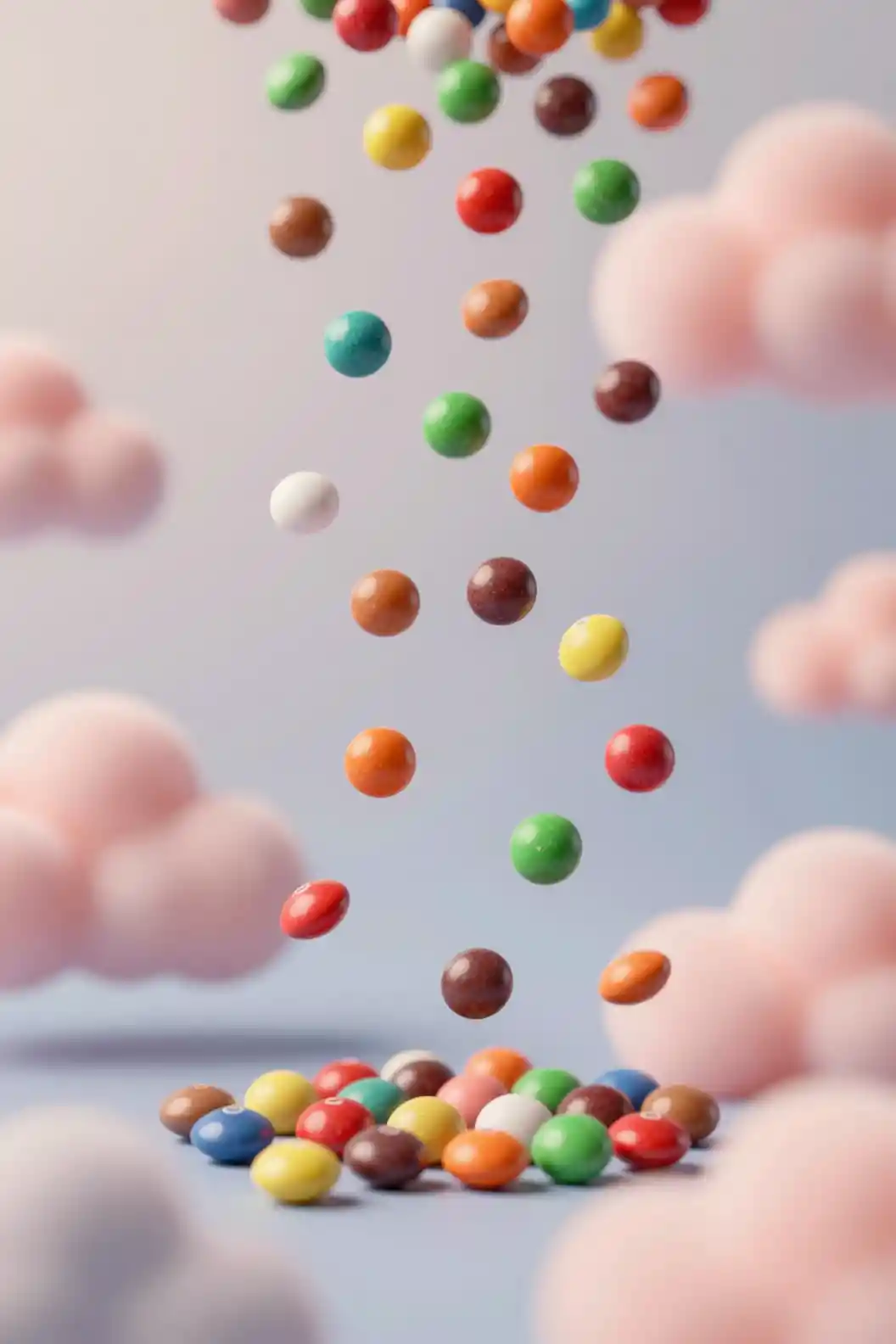 Caramelos Skittles de colores lloviendo sobre un fondo de nubes pastel