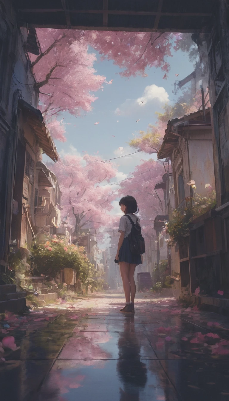 Whimsical dreamy fantasy scene with floating flower petals