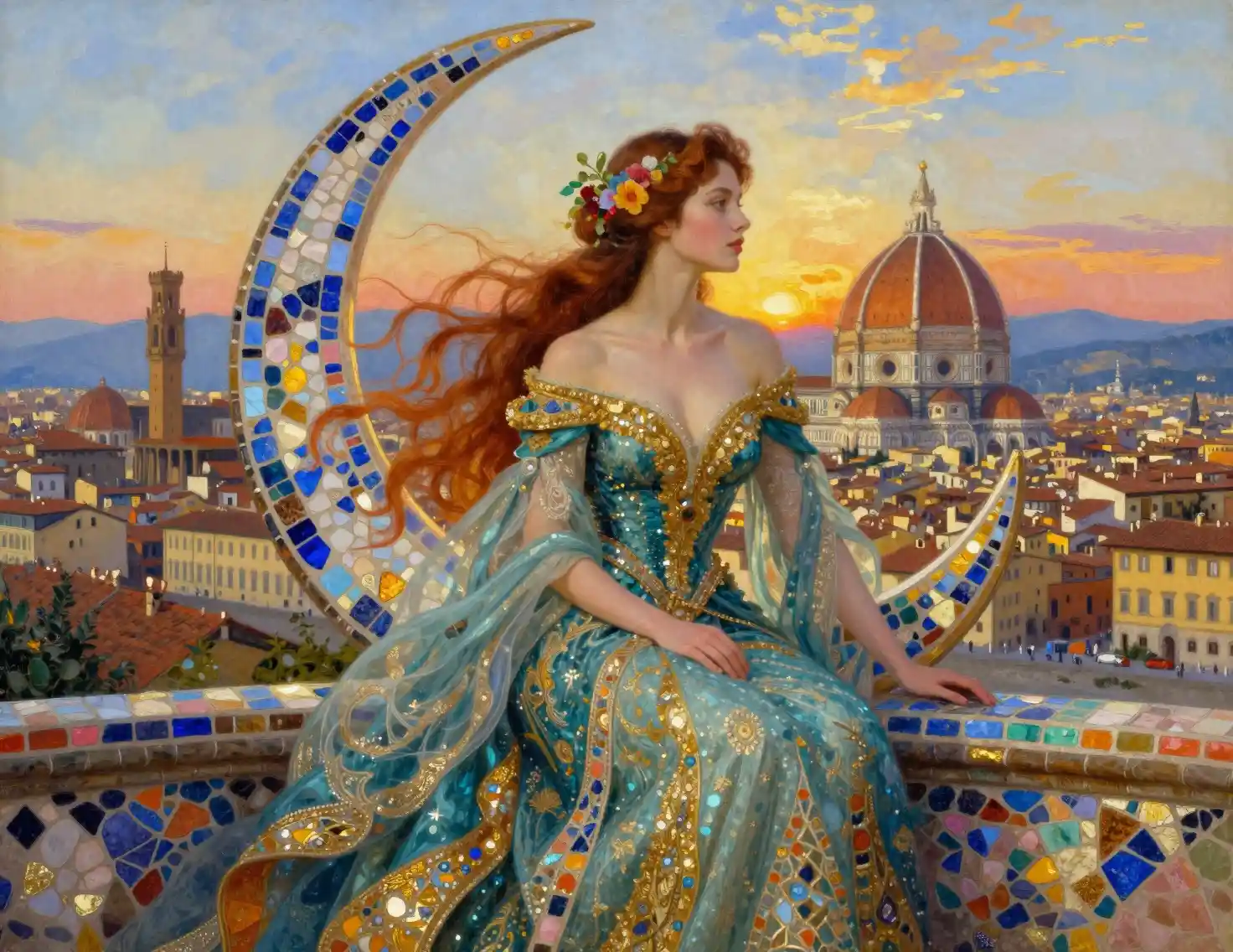 Elegant woman in teal gown before mosaic and cityscape