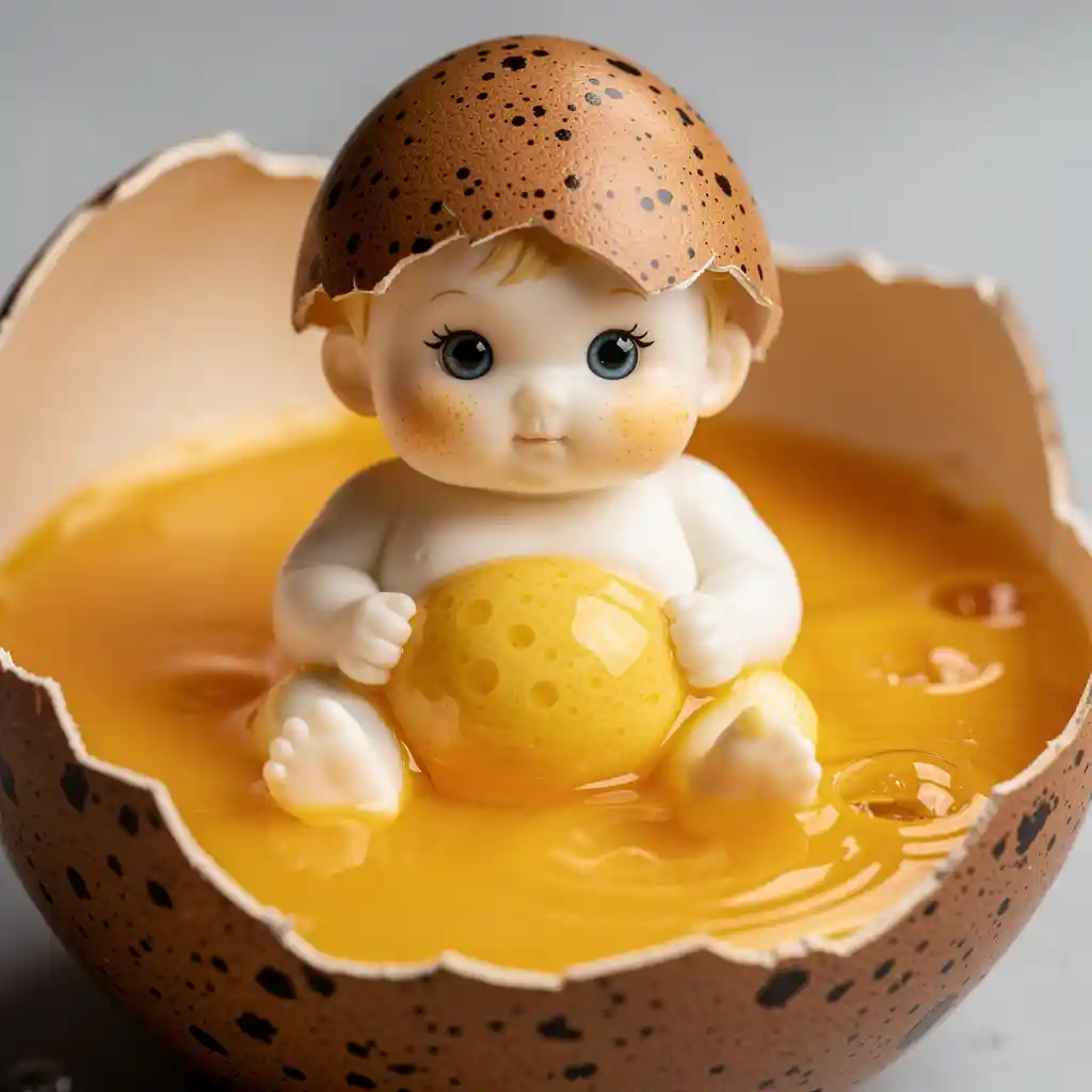 Tierna figura de bebé‑huevo sentada en una yema dorada cremosa