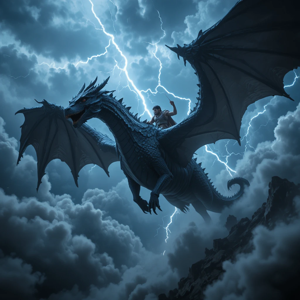 Guerrero Montando un Dragón Negro entre Nubes de Tormenta