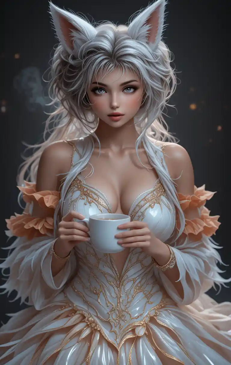 キツネ風のファンタジー女性が湯気の立つコーヒーマグを持つ姿