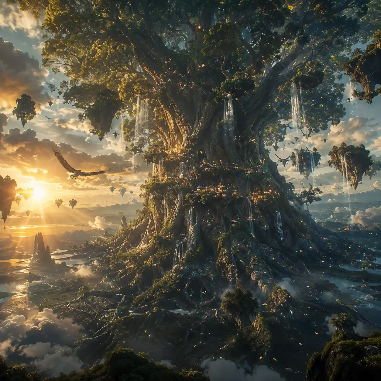 Colosal árbol del mundo que se alza desde el corazón de la tierra