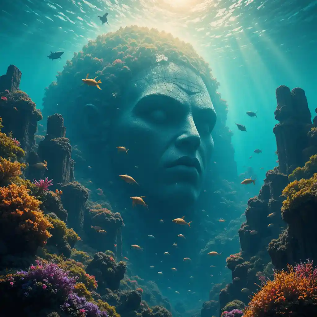 Ancien titan de pierre reposant sous un océan turquoise cristallin