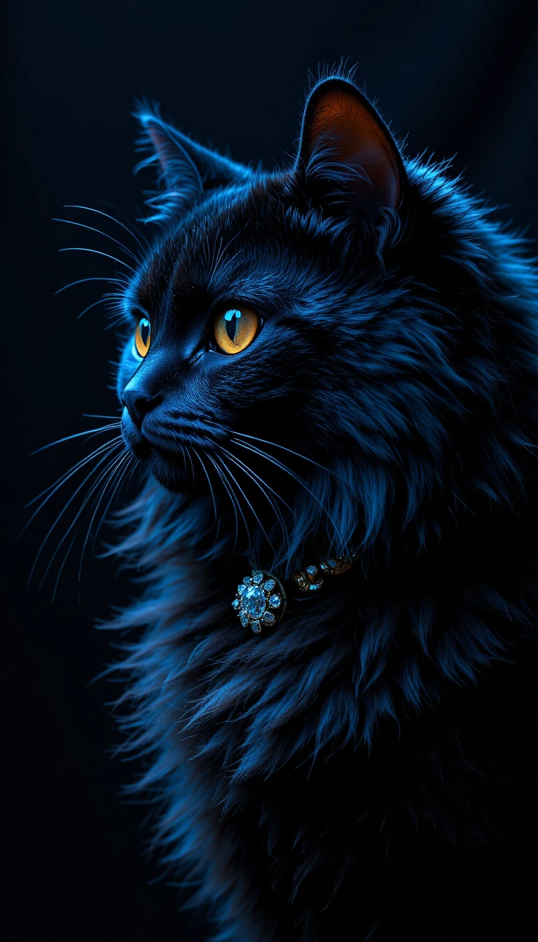 Schwarze Perserkatze im stimmungsvoll blauen Studio – Nahaufnahme-Porträt