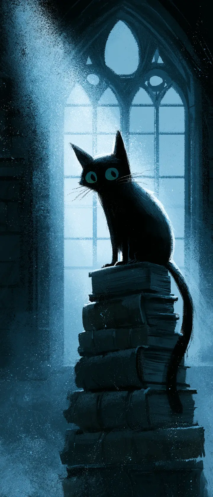 ゴシックな月明かりの図書館で古書の上に座る黒猫