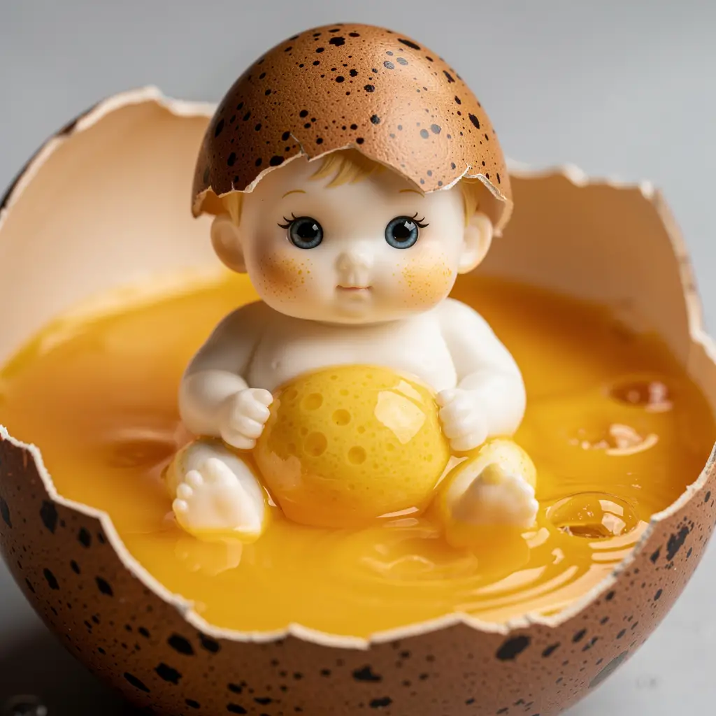 Tierna figura de bebé‑huevo sentada en una yema dorada cremosa