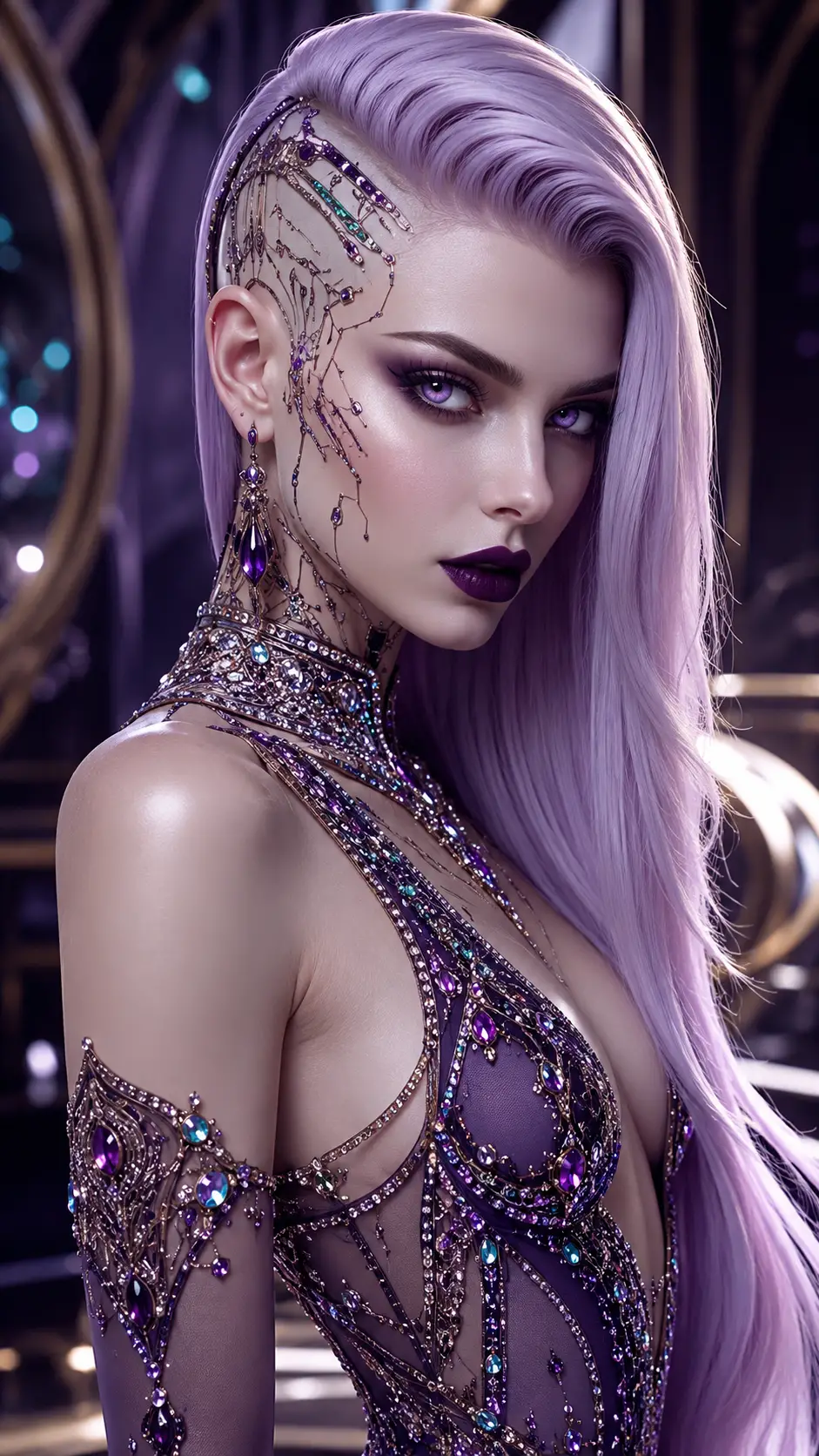 Retrato de mujer cibernética futurista con vestido de noche joya