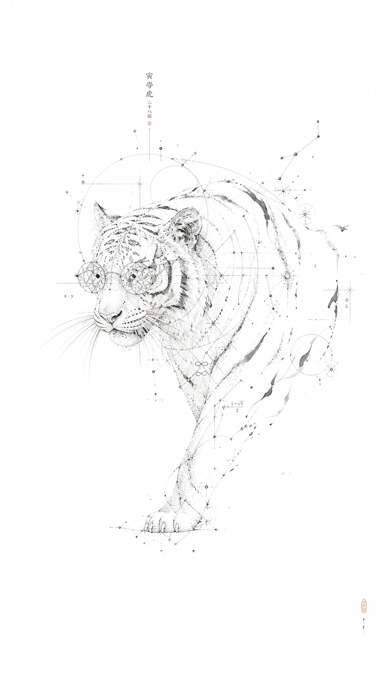 Trazos de tinta que sugieren un tigre en un silencioso espacio en blanco