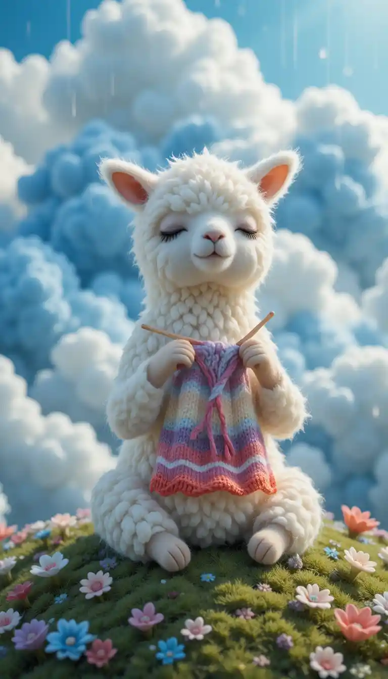 Pequeña llama pacífica tejiendo en una nube de lana de ensueño