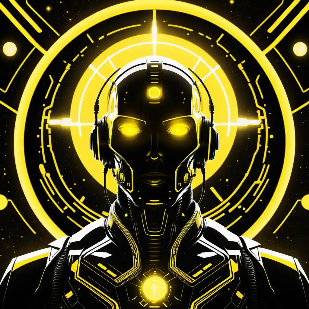 Machine futuriste de la taille d’une planète irradiant une énergie néon jaune