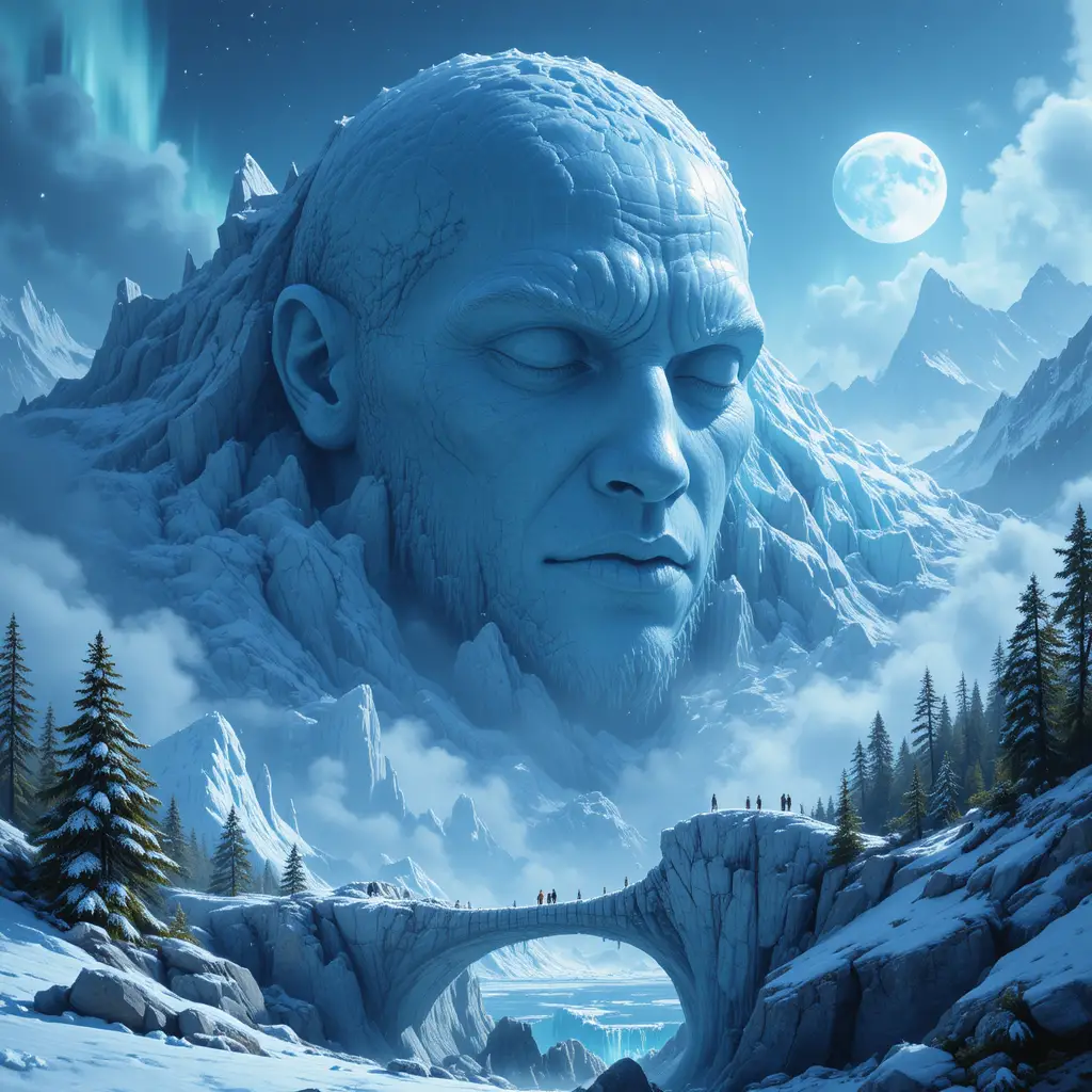 Visage d’Ancien Géant de Glace sous un Glacier de Montagne Gelé