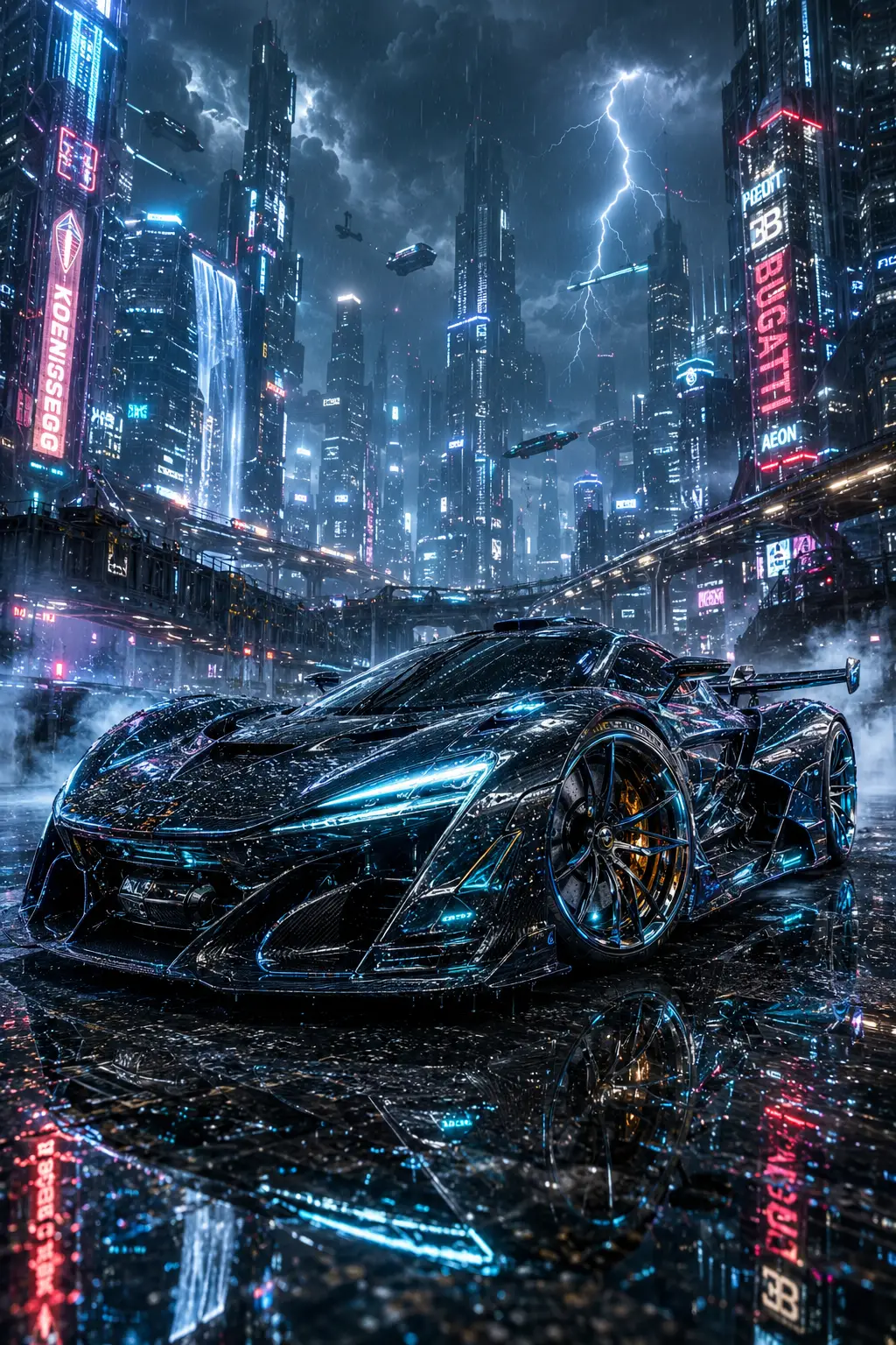Hipercoche futurista al borde de una megaciudad de neón