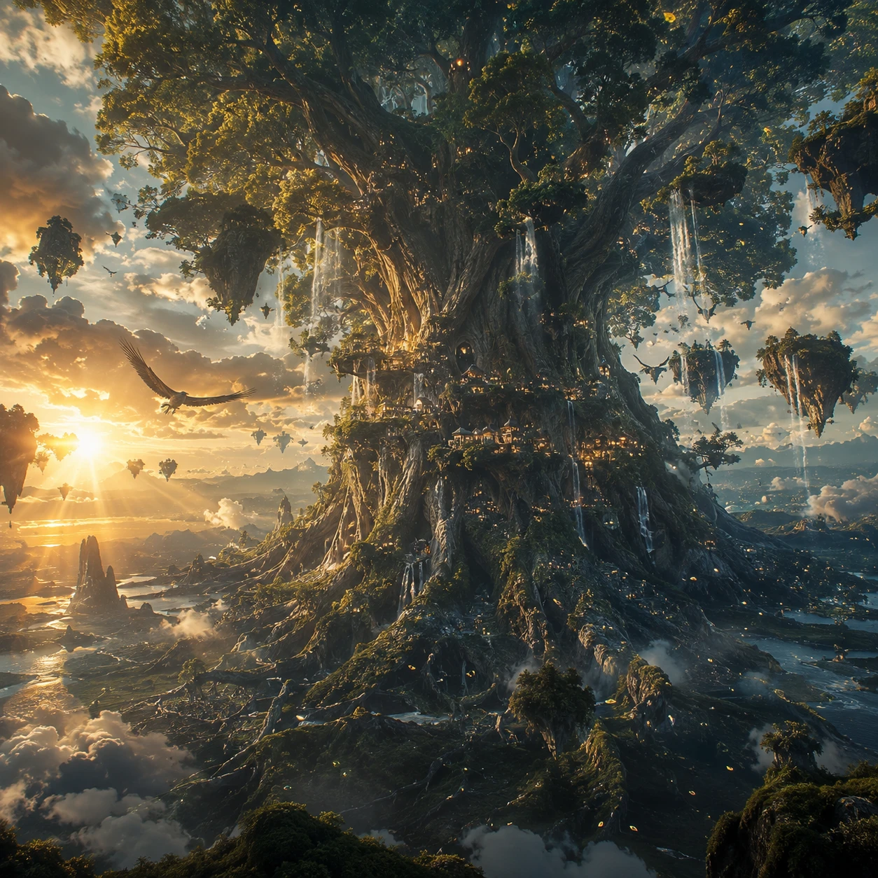 Colosal árbol del mundo que se alza desde el corazón de la tierra