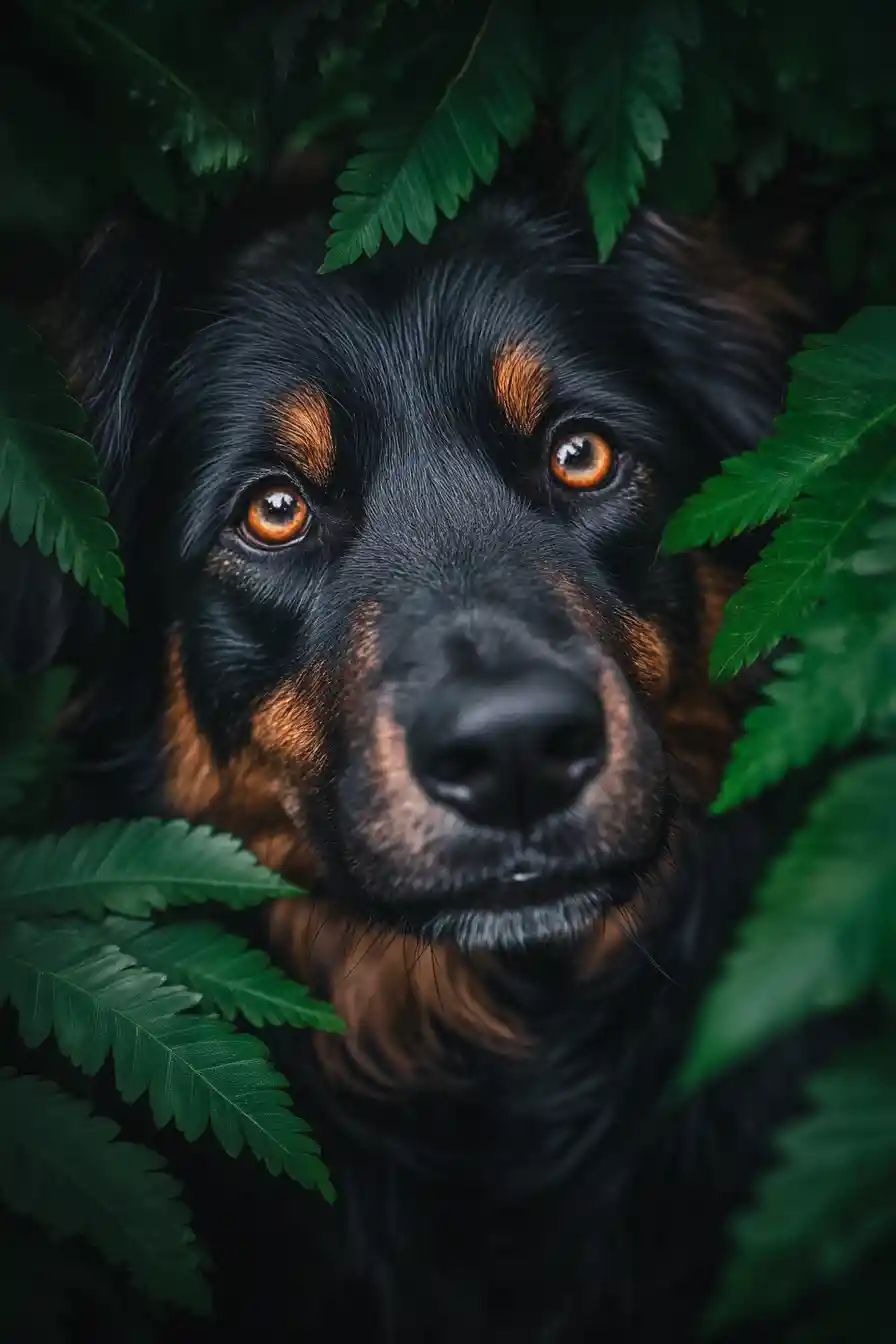 Colorful close up dog portrait with bold contrast lighting